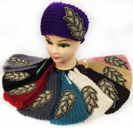 24 Bulk Ab Crystal Leaf Knitted Headbands Assorted Colors