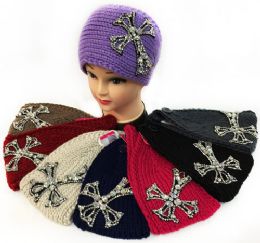12 Bulk Large Rhinestone Cross Design Knitted Headband