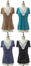 24 Wholesale Womens Crochet Neck Printed Top - Assorted