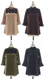 24 Wholesale Women's Lace Yoke Bell Sleeve Knit Tunic Top