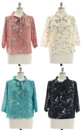 24 Pieces Plus Quarter Sleeve Floral Self Tie Blouse Assorted - Womens Fashion Tops