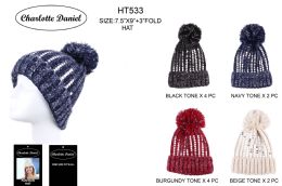 60 Pieces Slouch Pom Pom Winter Beanie With Silhouette Design - Fashion Winter Hats