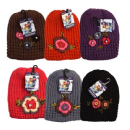 36 Wholesale Winter Knit Hat Rhinestone Flower Design