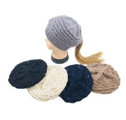 48 Pieces Knitted Sequined Pony Tail Beret - Winter Beanie Hats