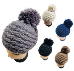 48 Pieces Knitted Sequined Beret With Pompom - Winter Beanie Hats