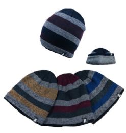 48 Wholesale PlusH-Lined Knit Beanie Wide Stripes