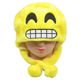12 Wholesale Plush Soft Yellow Nervous Emoji Earmuff Beanie Hat