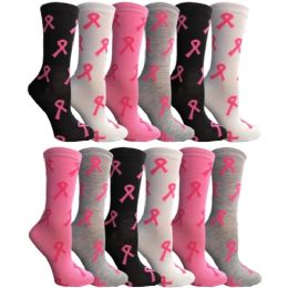 12 Wholesale Yacht & Smith Women's Assorted Colored Breast Cancer Awareness Crew Socks Size 9-11