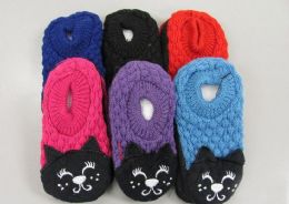144 Wholesale Girls Knit Slippers Cat Slippers