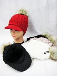 36 Wholesale Winter Lady Beanie With Visor And Pom Pom