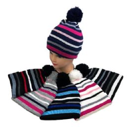 36 Units of Child's Knit Cuffed Hat With Pom Pom And Stripes - Junior / Kids Winter Hats