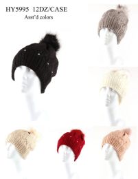 36 Bulk Womans Heavy Knit Winter Pom Pom Hat With Beads Design
