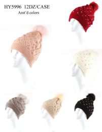 24 Wholesale Woman's Heavy Knit Winter Pom Pom Hat With Studs Design
