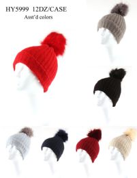 24 Bulk Woman's Heavy Knit Winter Pom Pom Hat Assorted Colors
