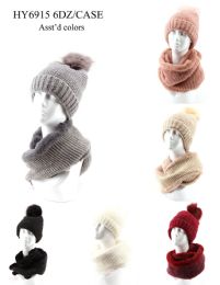 36 Wholesale Womans Heavy Knit Winter Pom Pom Hat And Plush Knit Scarf Fleece Lined