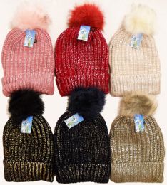 24 Pieces Ladies Glitter Ski Hat With Fur Pompom - Winter Beanie Hats