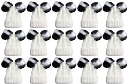 24 Bulk Double Pom Pom Ribbed Winter Beanie Hat, Multi Color Pom Pom Solid White