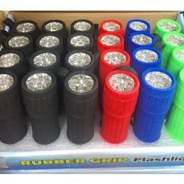 96 of 9 Led Flashlight With Rubber Grip Assorted Colors