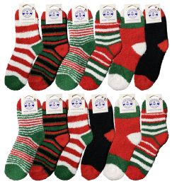 12 Wholesale Christmas Fuzzy Socks, Fun Colorful Festive, Holiday Theme Socks Womens Size 9-11