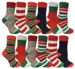 12 Wholesale Yacht & Smith Women's Printed Assorted Colors Warm & Cozy Fuzzy Christmas Holiday Socks