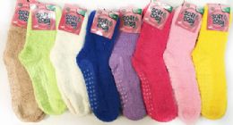12 Wholesale Solid Color Ladies' Fuzzy Socks With Anti Skid Assorted