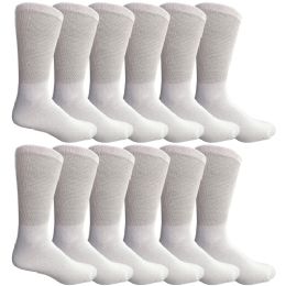 12 Wholesale Yacht & Smith Men's Loose Fit NoN-Binding Soft Cotton Diabetic Crew Socks Size 10-13 White