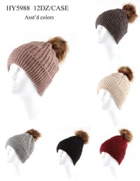 36 Wholesale Ladies Ribbed Pompom Hat Assorted Colors