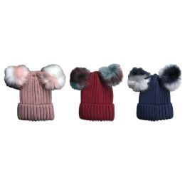 Yacht & Smith Womens 3 Inch Double Pom Pom Ribbed Beanie Hat, Assorted Colors Value Pack