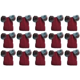 15 Pieces Yacht & Smith Womens 3 Inch Double Pom Pom Ribbed Beanie Hat, Wine Value Pack - Fashion Winter Hats
