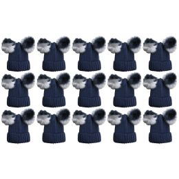 15 Pieces Yacht & Smith Womens 3 Inch Double Pom Pom Ribbed Beanie Hat, Navy Value Pack - Fashion Winter Hats