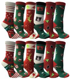 12 Pairs Christmas Printed Socks, Fun Colorful Festive, Crew, Sock Size 9-11 - Womens Knee Highs