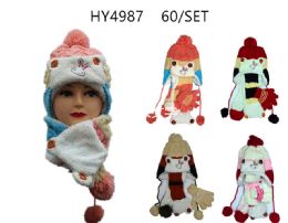 24 Wholesale Winter Kids 3 Piece Warm Animal Hat Set With Fleece Lining