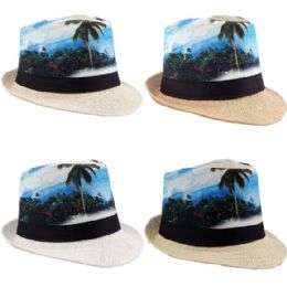 24 Wholesale Tropical Beach Print Trending Trilby Fedora Hat