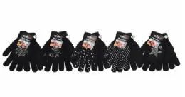 36 Wholesale Womens Assorted Black Knit Glove With Stone Decal