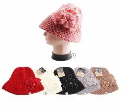 24 Pieces Winter Warm Knit Bucket Hat With Rhine Stone Flower - Fashion Winter Hats
