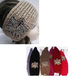 24 of Assorted Color Knit Bow Headband With Beaded Floral Design