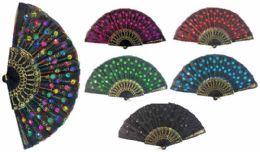 96 Wholesale Hand Fan With Feather Pattern Sequins Assorted Color