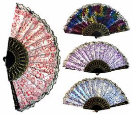 96 Pieces Hand Fan With Various Patterns Black Frame Assorted - Novelty Toys