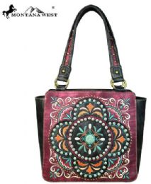 2 Pieces Montana West Embroidered Collection Tote Bag Burgandy - Handbags