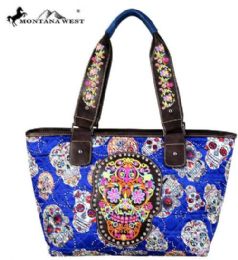 2 Wholesale Montana West Sugar Skull Collection Wide Tote Blue