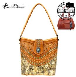 2 Pieces Montana West Concho Collection Concealed Carry Hobo In Brown - Handbags