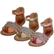 24 Wholesale Girl's Rhinestone Upper With Ankle Strip Sandals