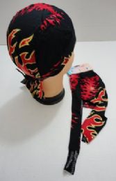 72 Pieces Skull Caps Motorcycle Hats Fabric Red Flame Print - Head Wraps