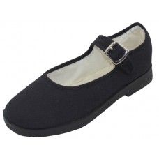 36 Wholesale Girl's Cotton Upper Mary Janes Canvas Shoe Black Color Only