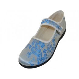 36 Wholesale Women's Satin Brocade Plum Flower Upper Mary Janes Shoe Light Blue Color
