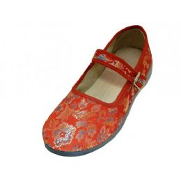 36 Wholesale Women's Satin Brocade Upper Mary Janes Shoe - Red Color Only