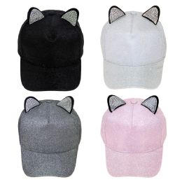 24 Wholesale Wholesale Glitter Cat Ears Adjustable Baseball Cap In 4 Assorted Colors