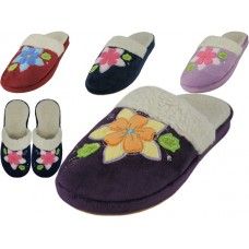 48 Wholesale Women's Velour Floral Embroidery Upper Close Toe House Slippers
