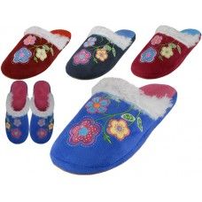 48 Units of Women's Satin Velour Floral Embroidery Upper Close Toe House Slippers - Women's Slippers
