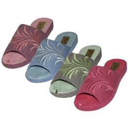 48 Units of Women's Satin Open Toes Floral Embroidery Upper House Slippers - Women's Slippers